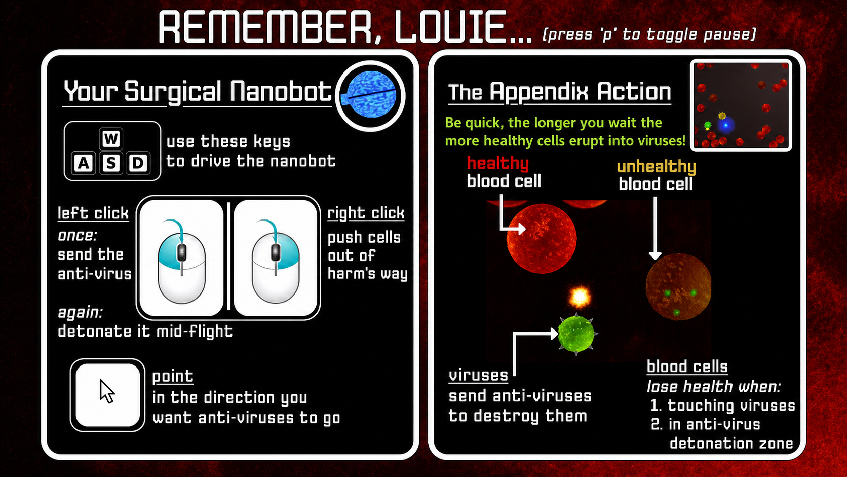 Louie and Clara controls and gameplay instruction screen
