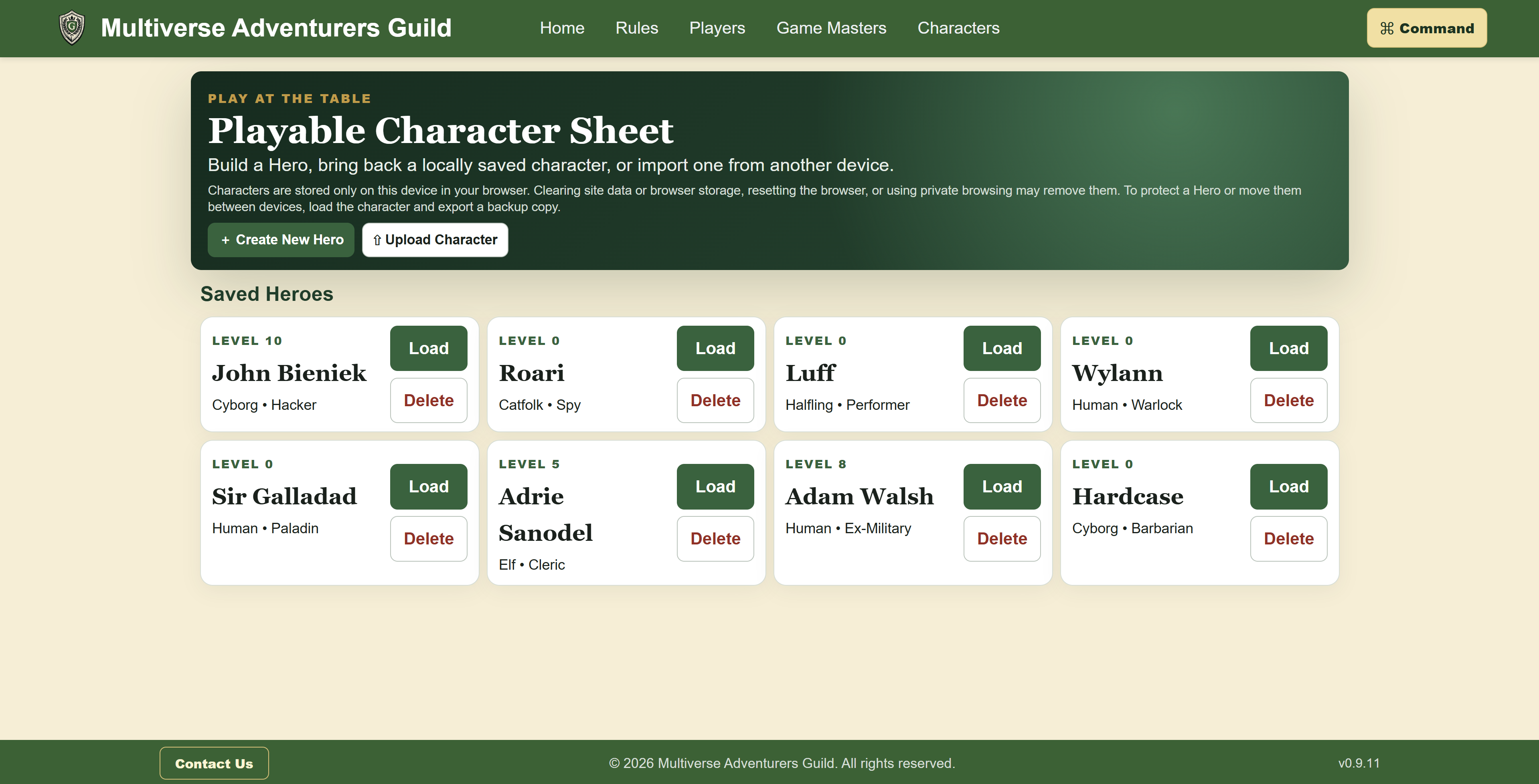 Playable character sheet library on a desktop display