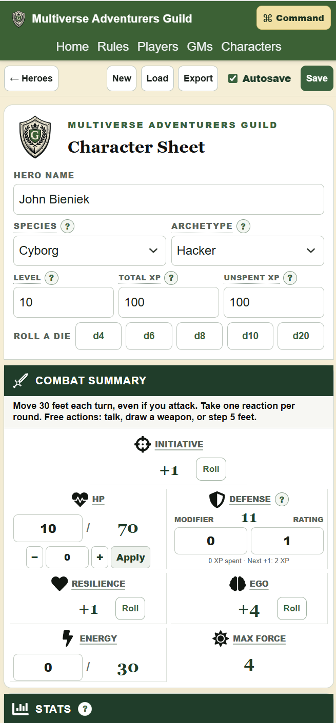 Playable character sheet library on mobile