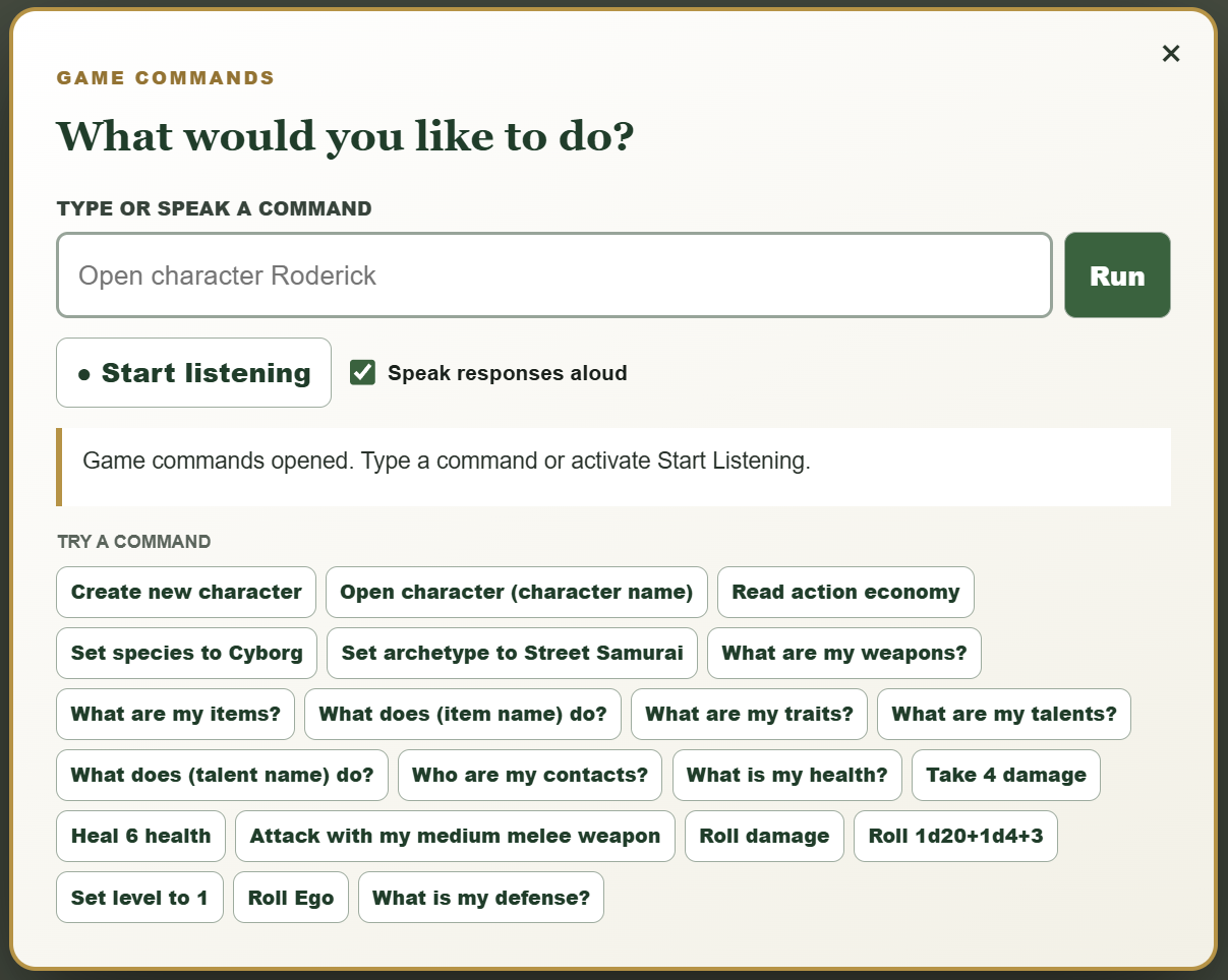 Game command window with text input, Start Listening control, spoken-response option, status message, and example commands