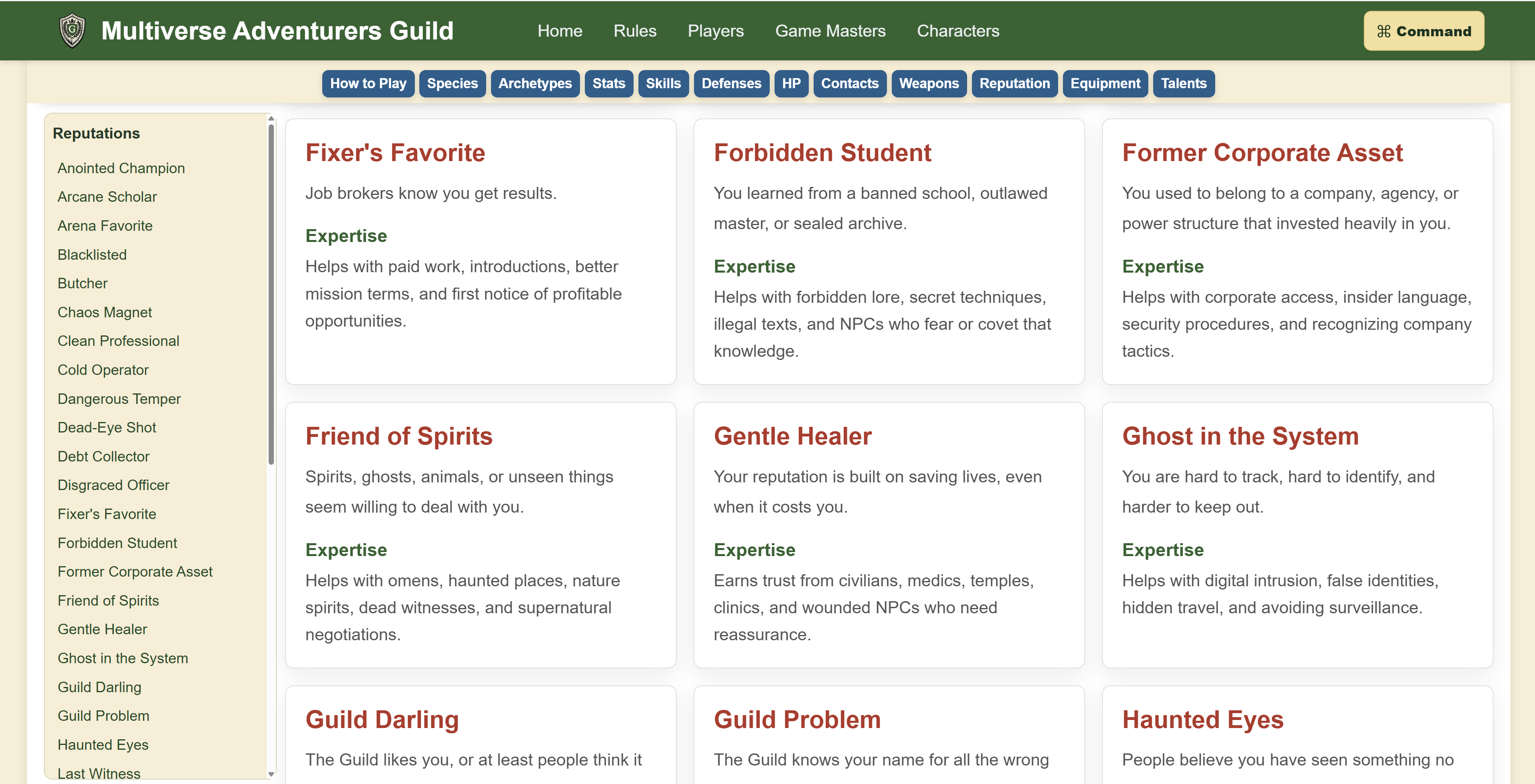 Reputation rules on the rebuilt Multiverse Adventurers Guild desktop site