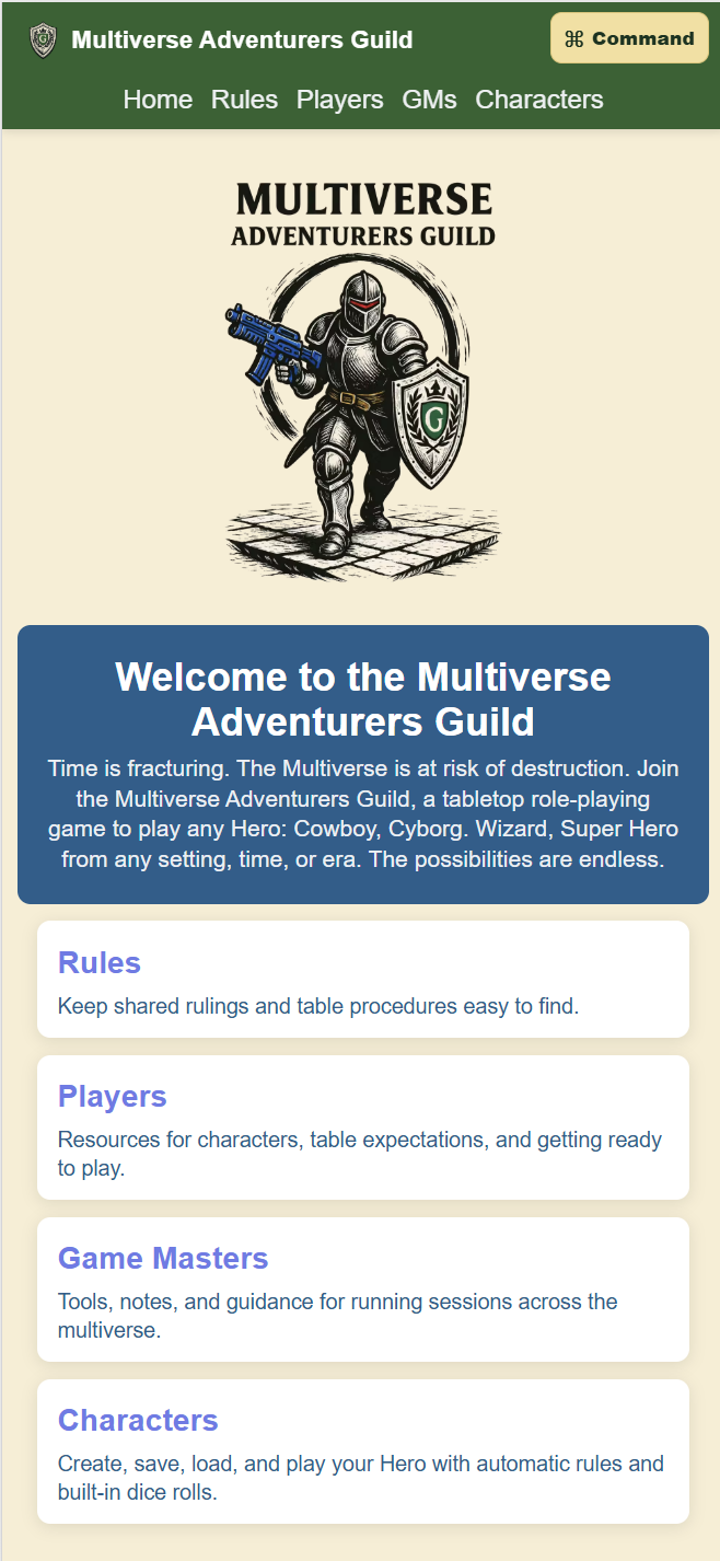 Multiverse Adventurers Guild home page on mobile