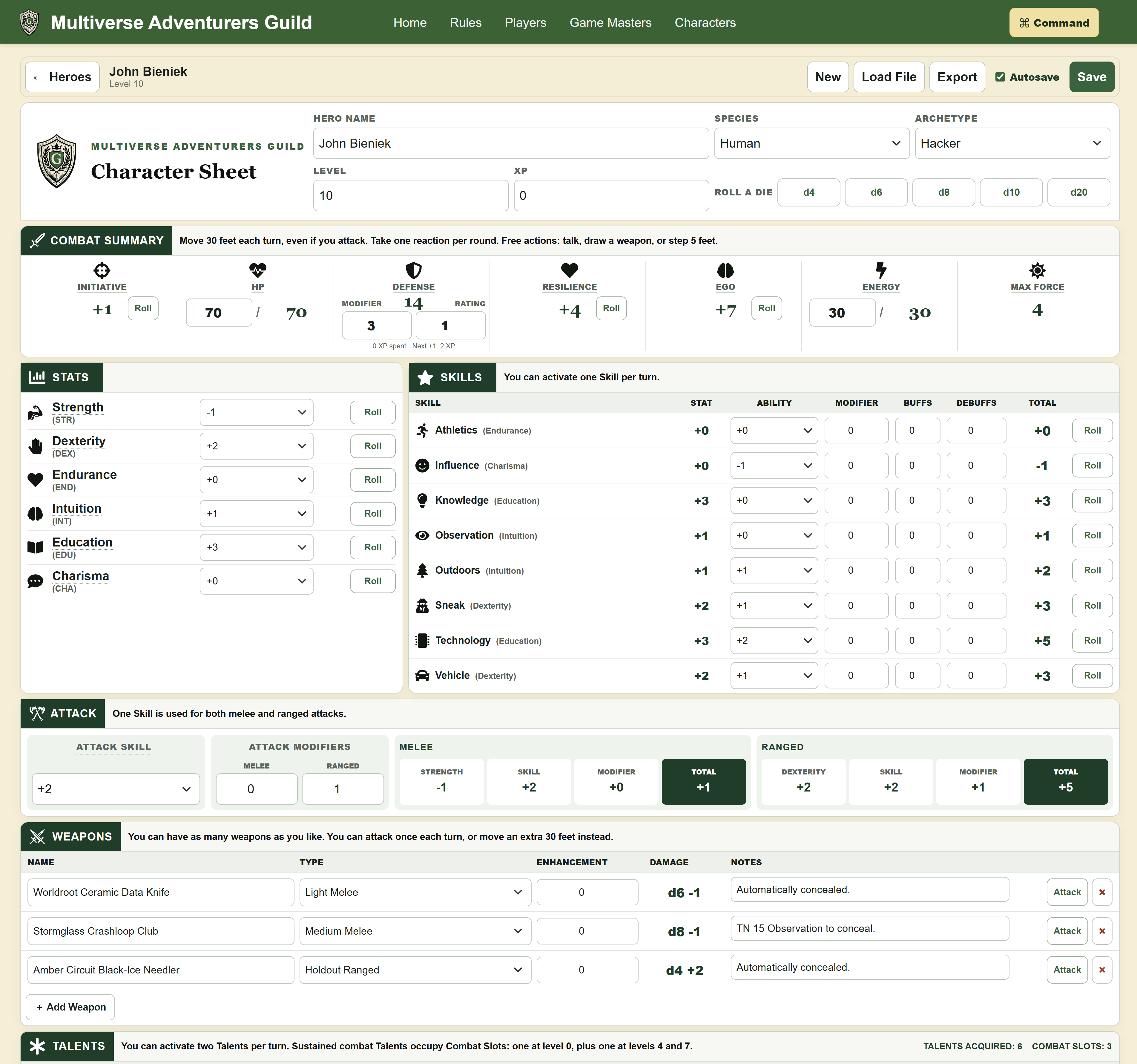 The Multiverse Adventurers Guild playable character sheet
