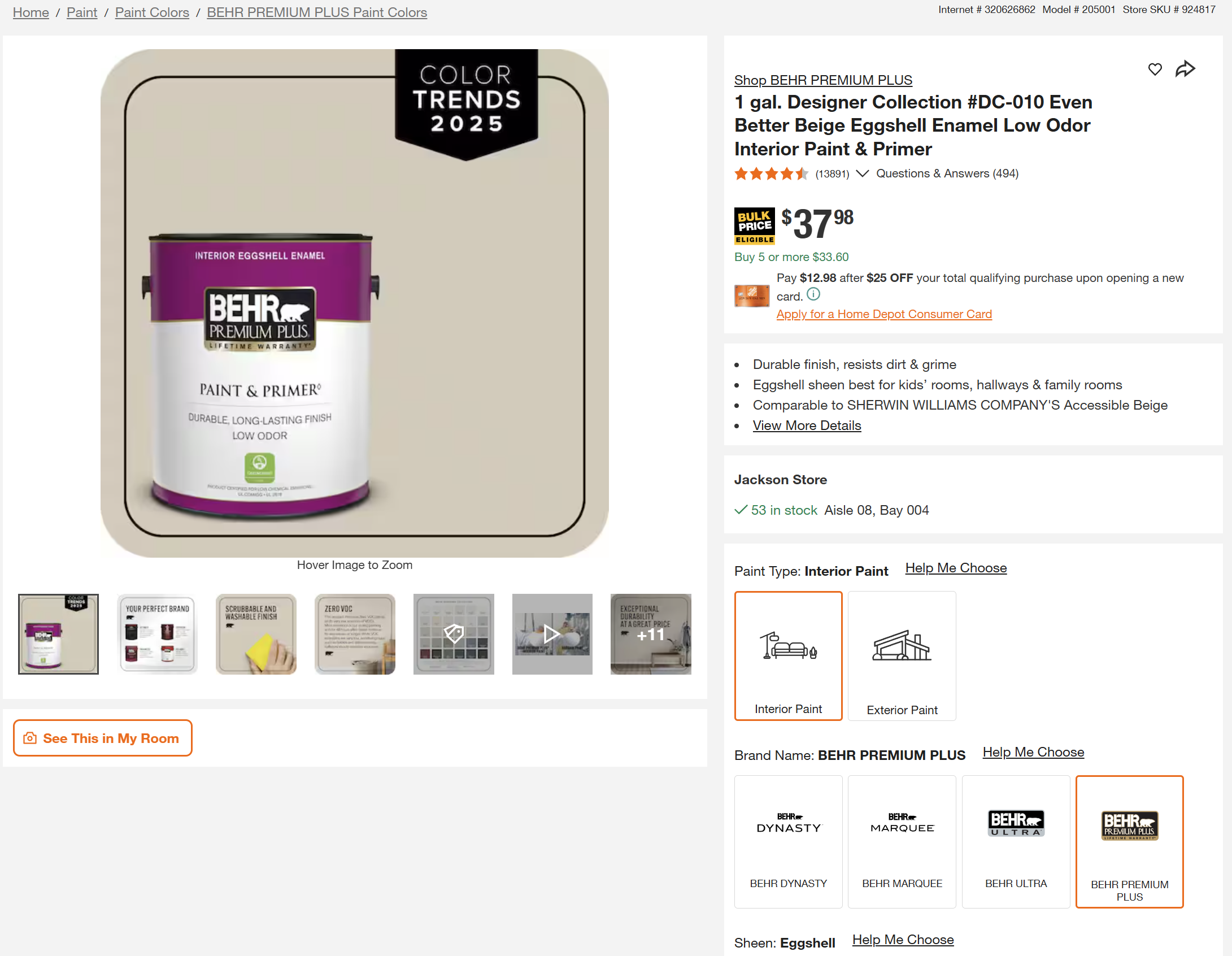 Home Depot paint product page showing color, product, paint type, brand, and sheen options