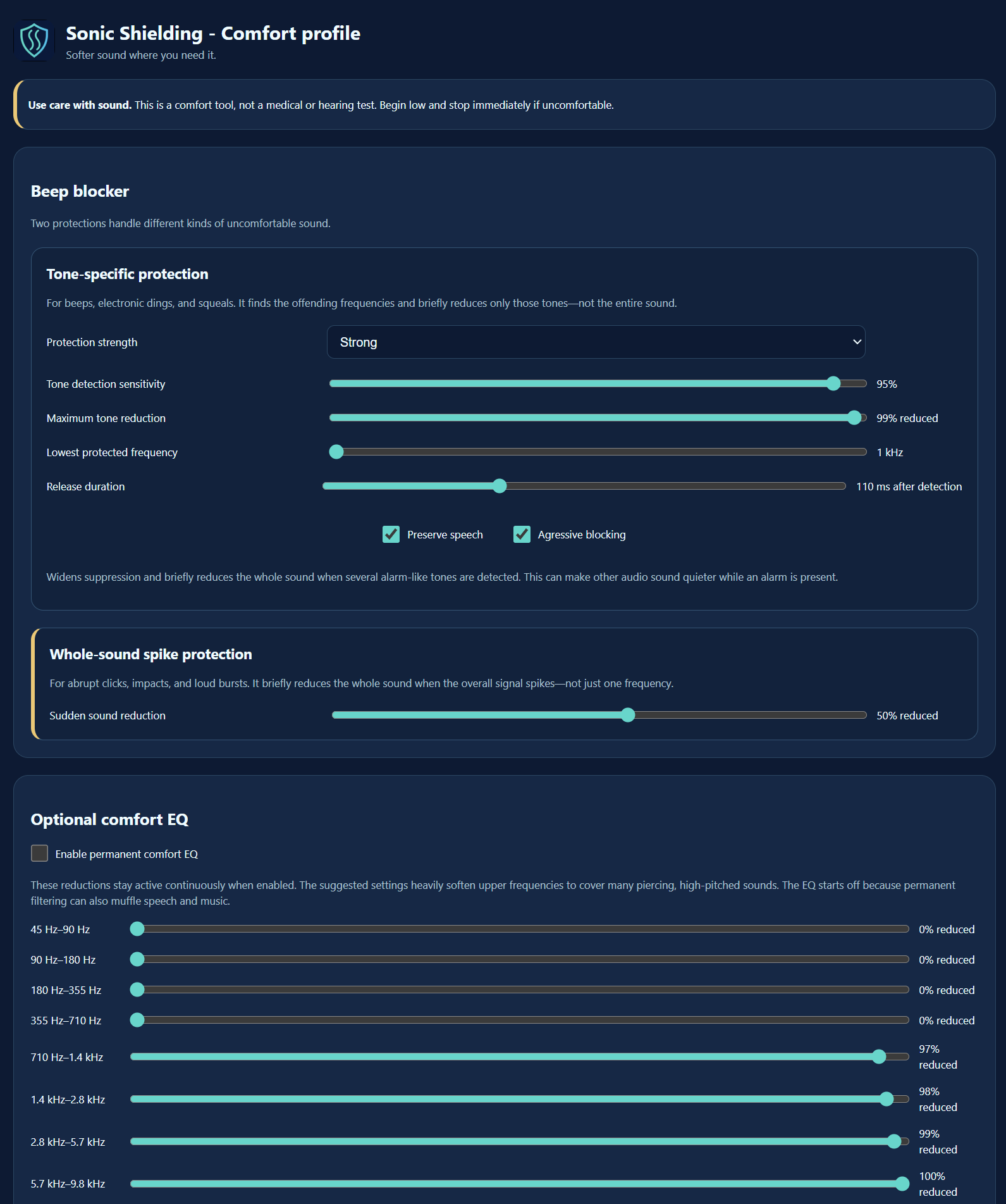 Sonic Shielding frequency comfort profile