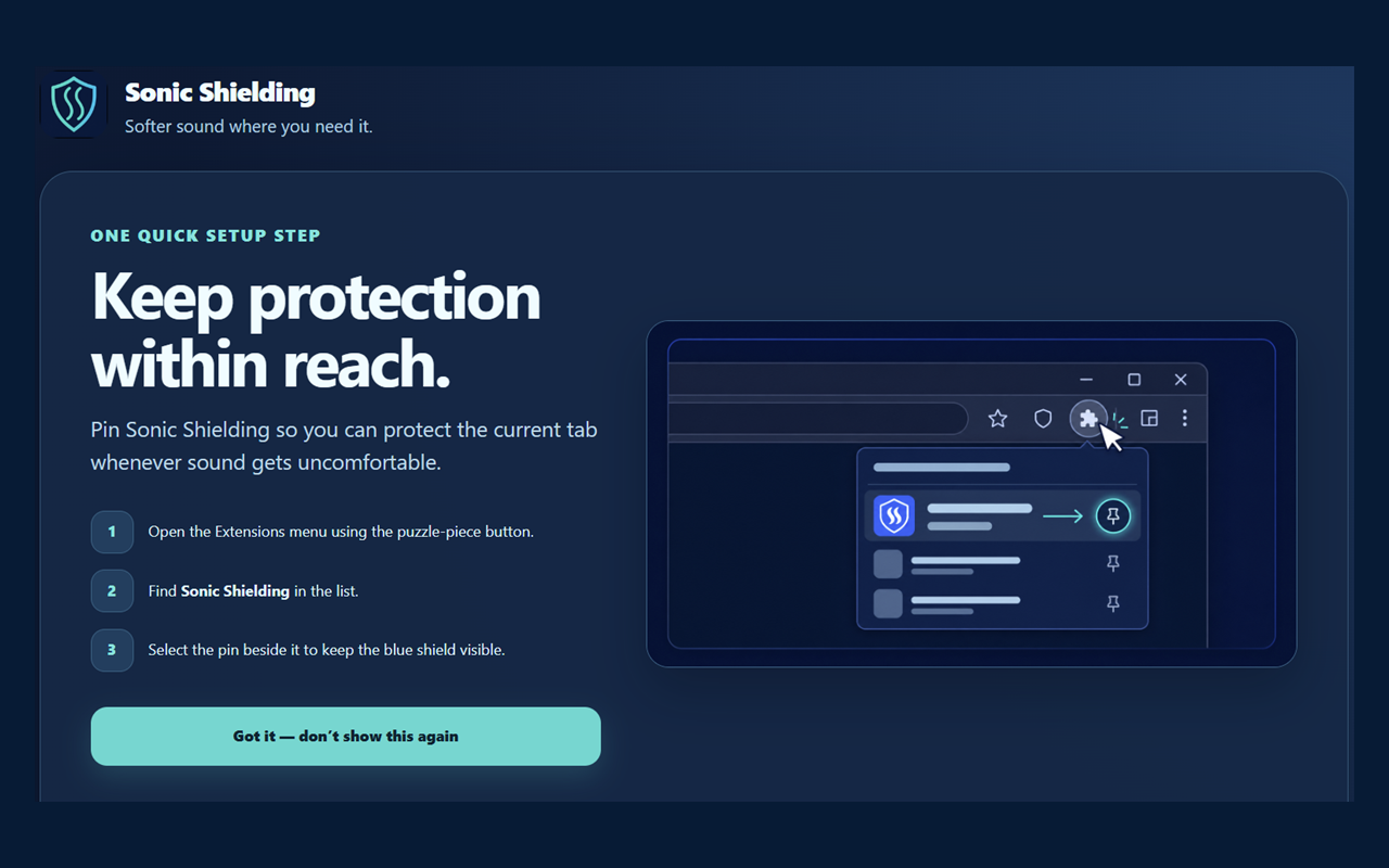 Sonic Shielding quick setup screen