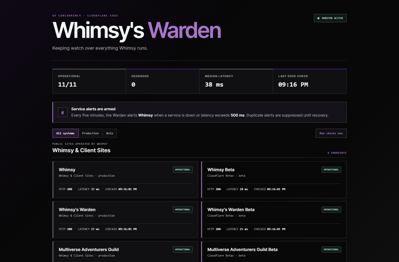 Live Whimsy Warden dashboard showing operational services, latency, e-mail alert policy, and production and beta systems