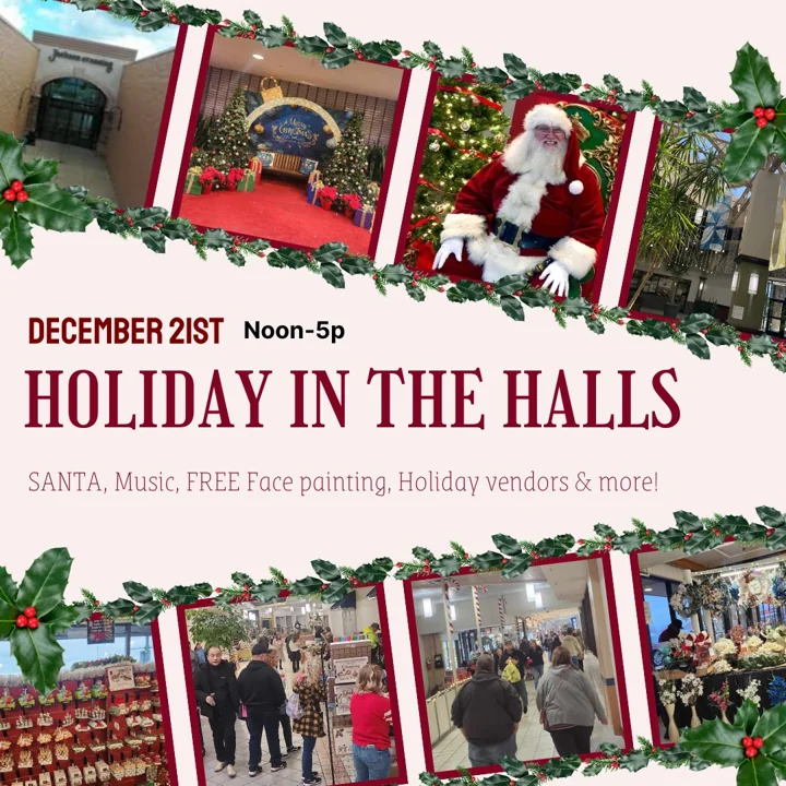 Holiday in the Halls campaign artwork with event photography and a red holiday invitation